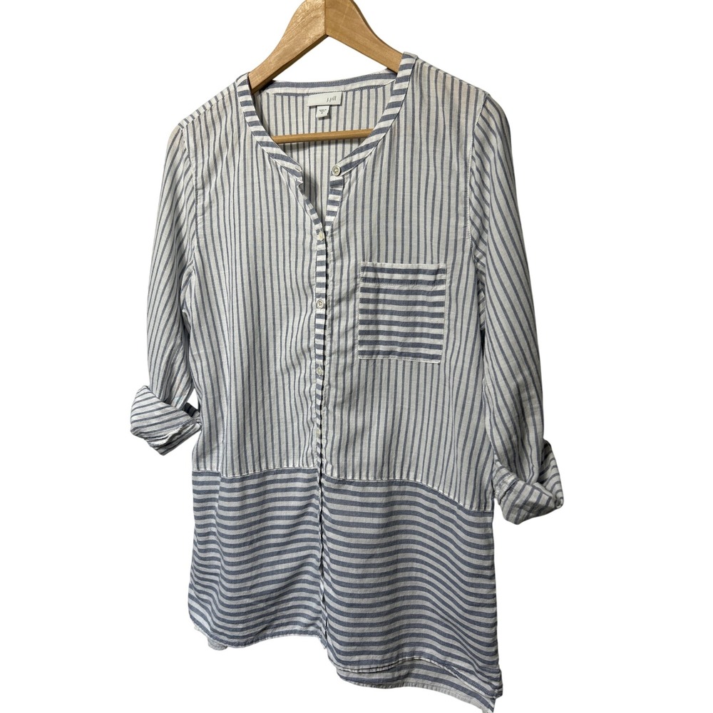 J. Jill Mixed‎ Stripe Roll Tab Sleeve Shirt Ivory Blue Women's Size Medium